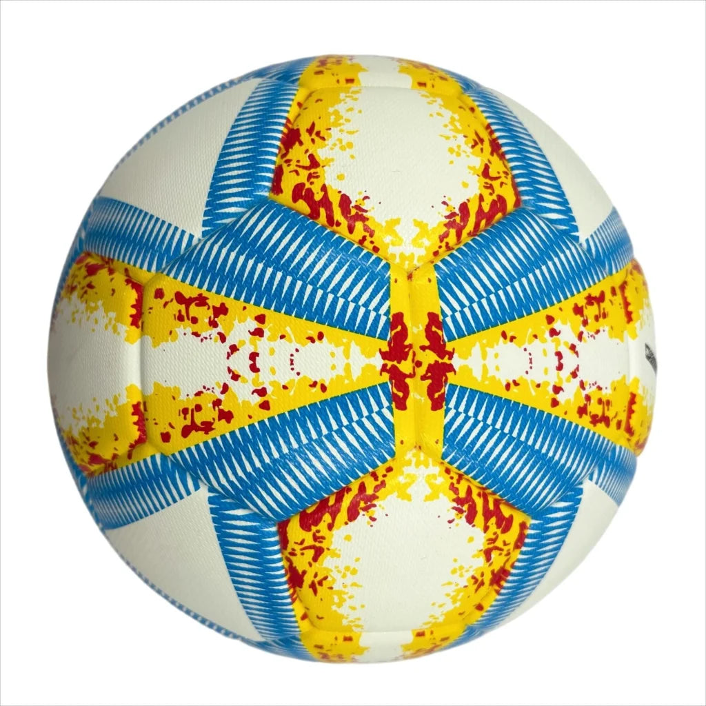 A yellow blue and red football with color matching size5 PU