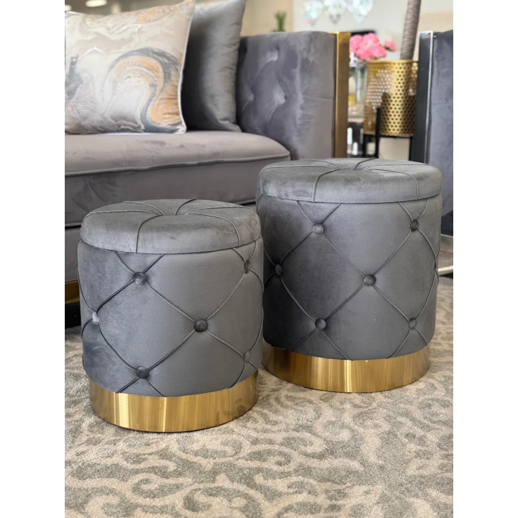 Amy Storage Foot Stools Set of 2 - Gray / Gold - Furniture