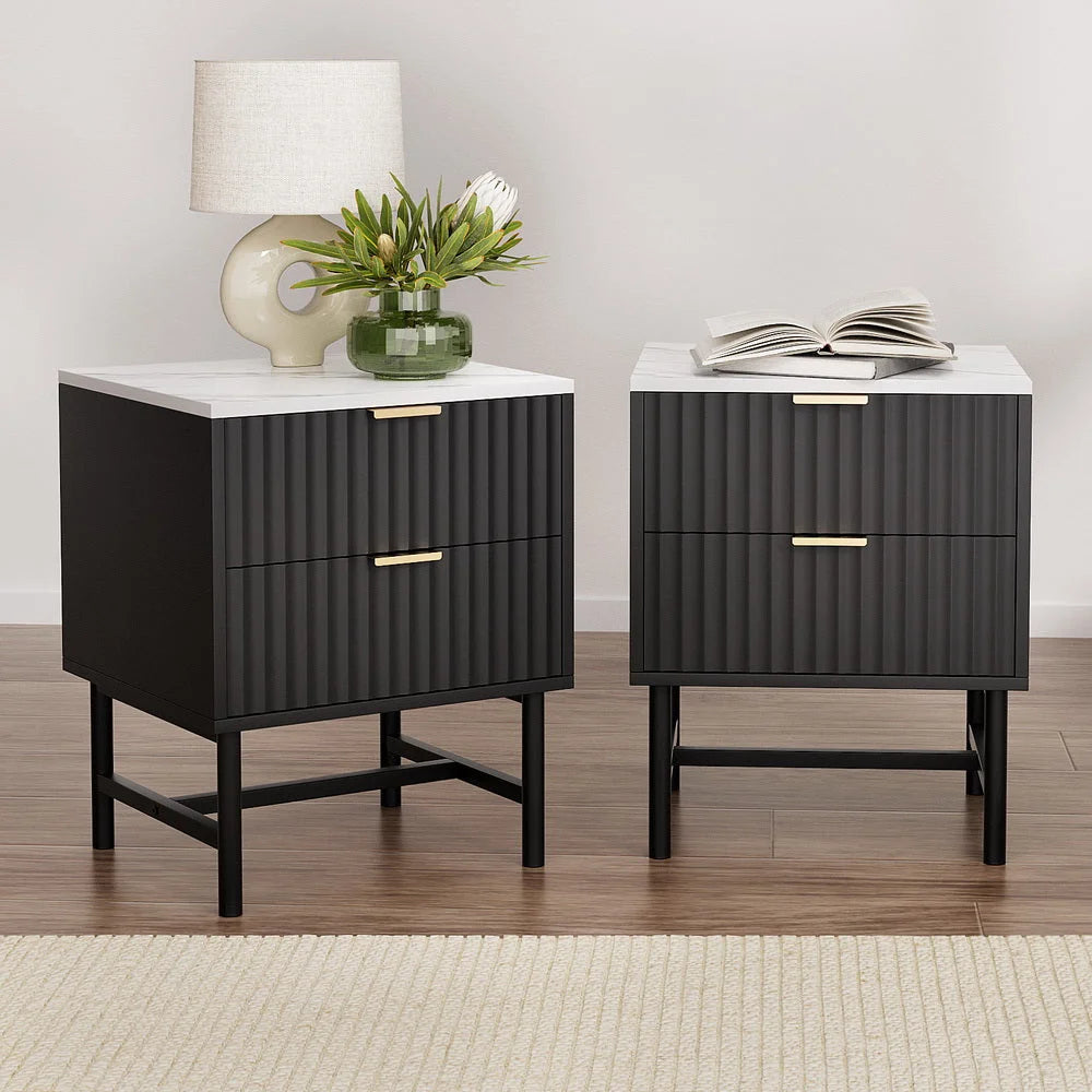 Artiss 2x Bedside Table 2 Drawers - Black - Furniture >
