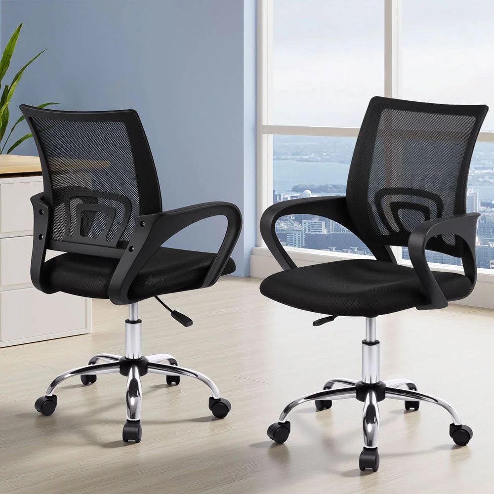 Artiss 2x Mesh Office Chair Mid Back Black - Furniture >