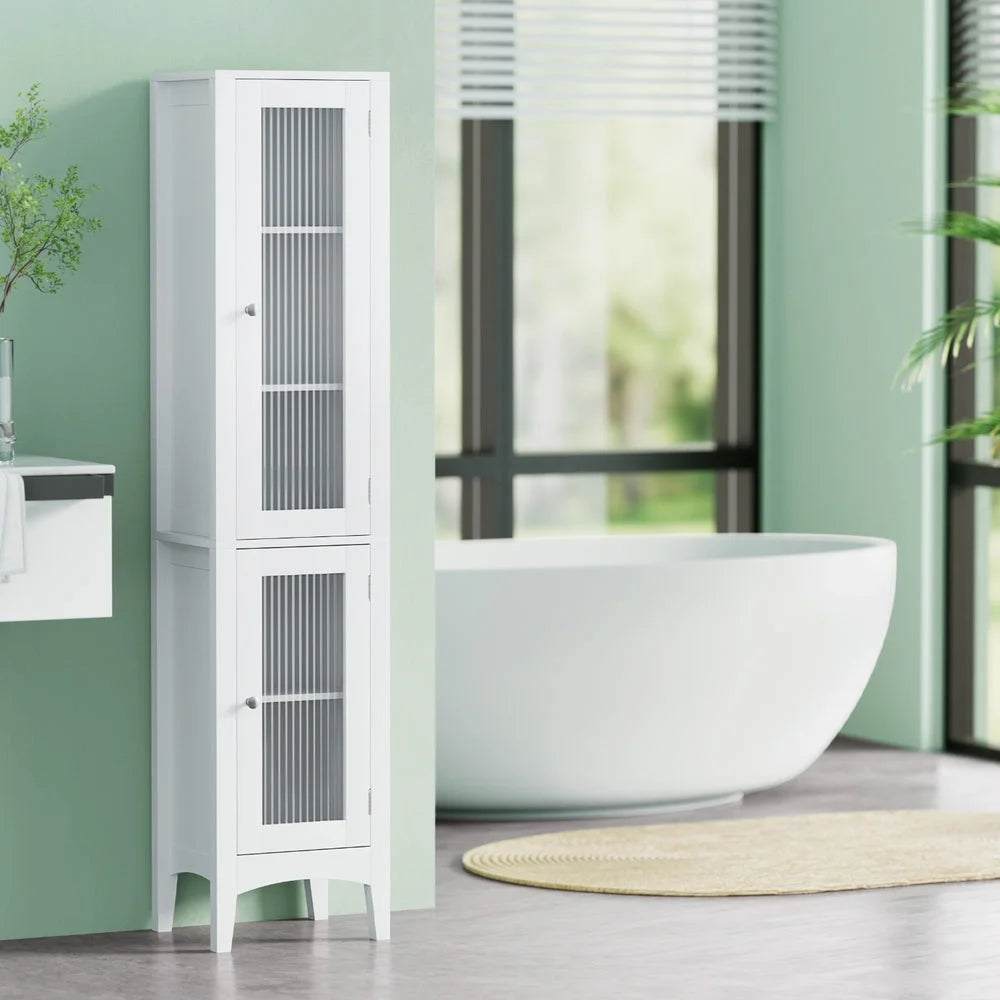 White glass 160cm storage cabinet with bathroom tall slim floor