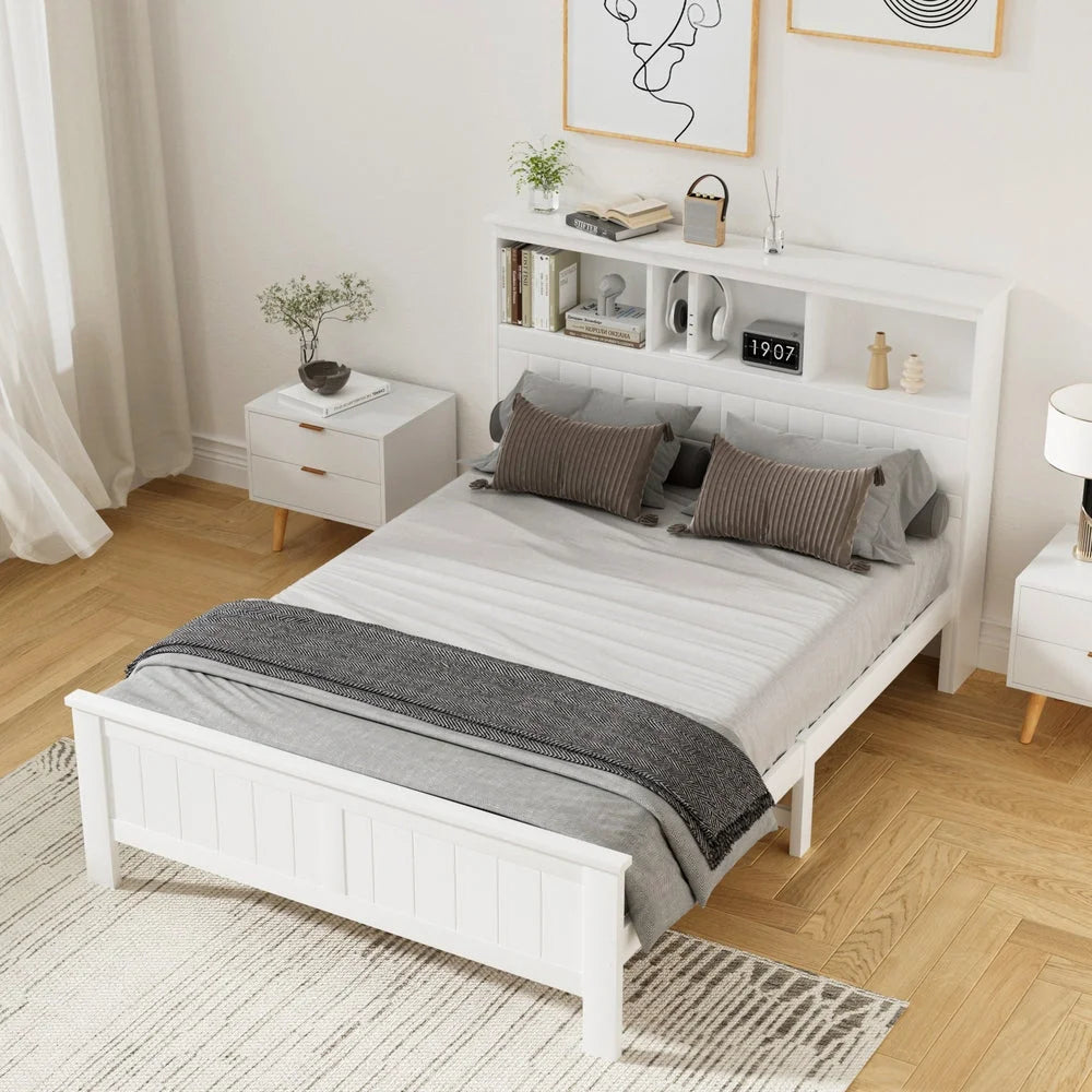 Artiss Bed Frame Double Size Wooden with 3 Shelves Bed Head