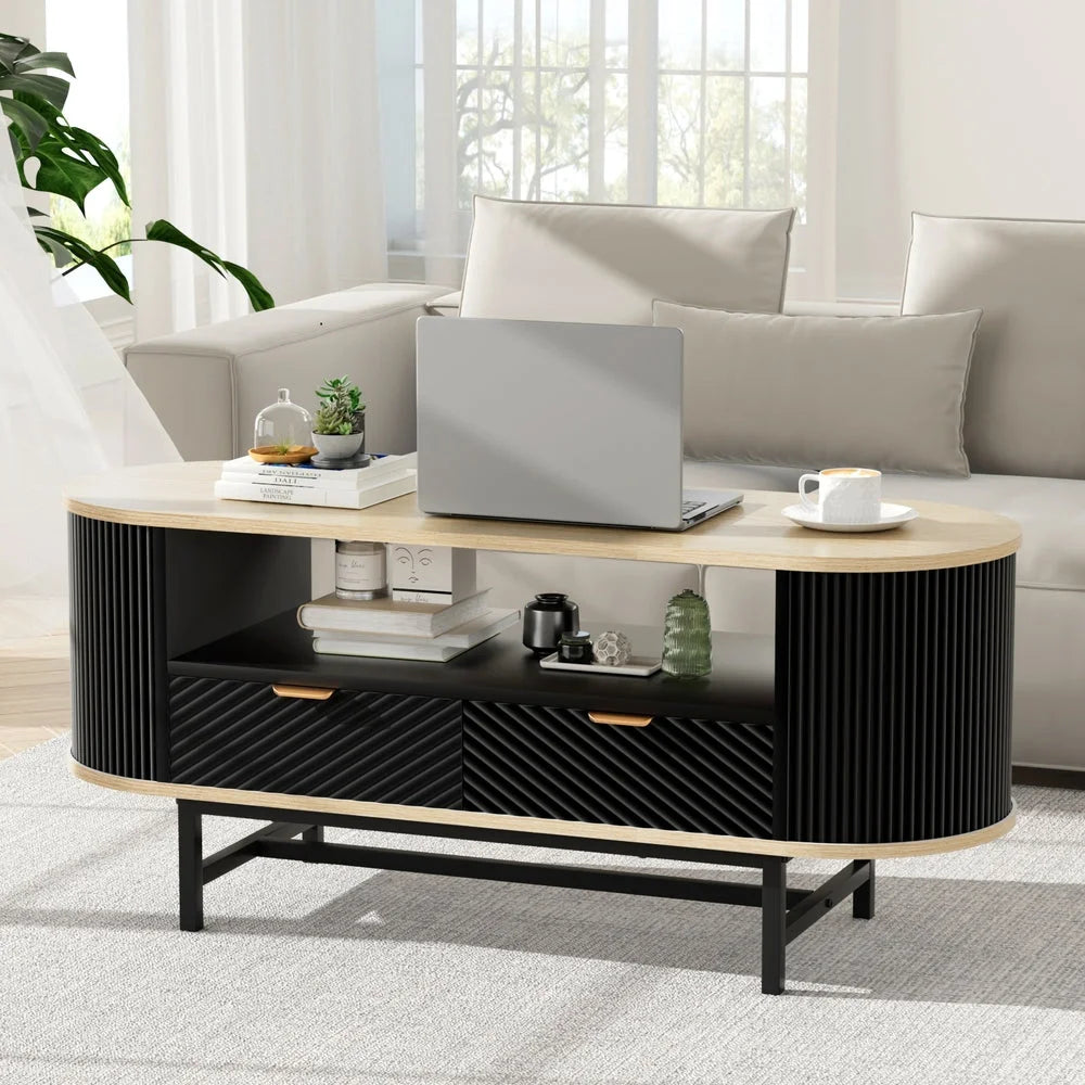 Artiss Coffee Table Drawer Shelf Wood&Black - Furniture >