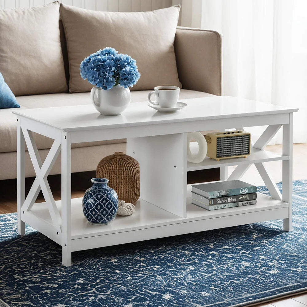 Artiss Coffee Table Storage Shelf White - Furniture >