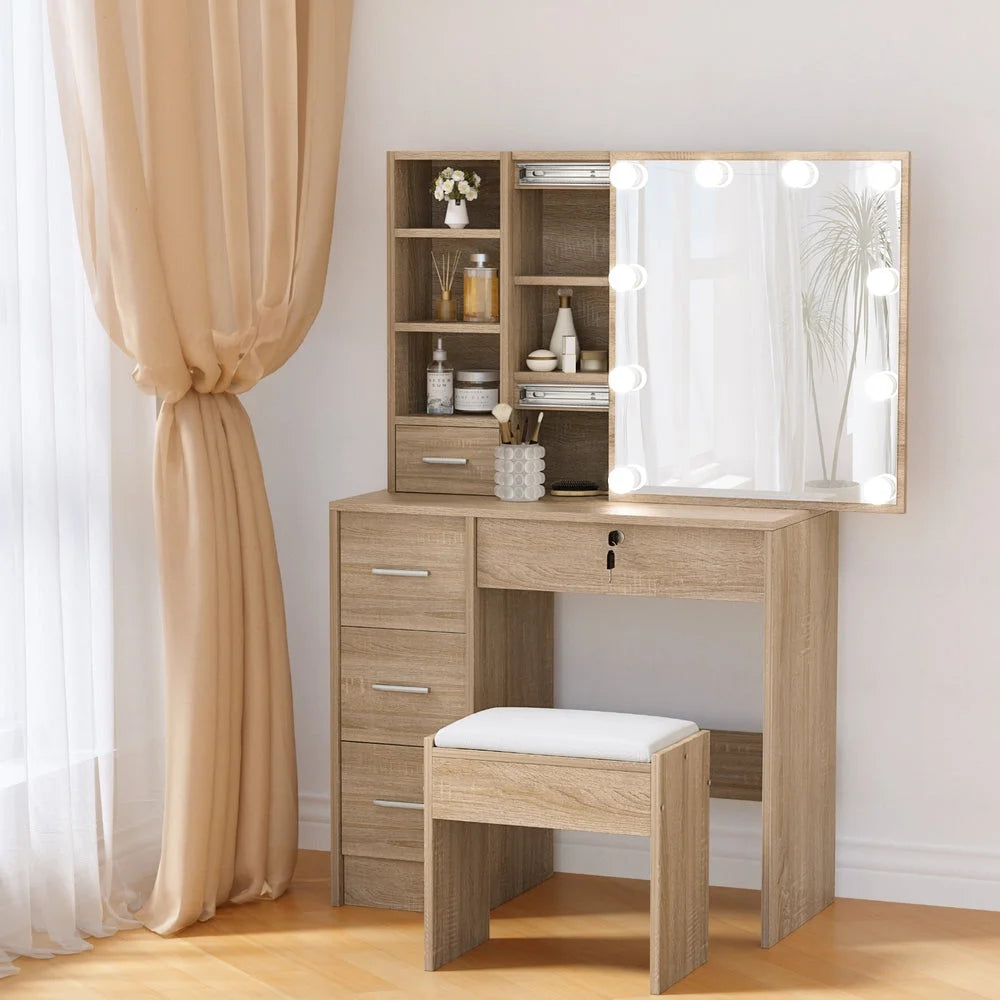 Wood dressing table with vanity table top and matching stool