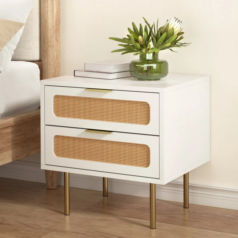 Rattan table with bedside drawers pine bedroom