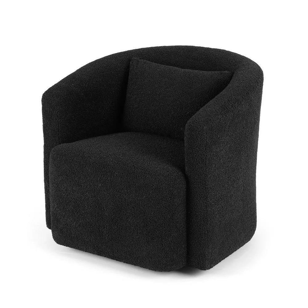 Black round swivel armchair with sherpa fleece frame bar