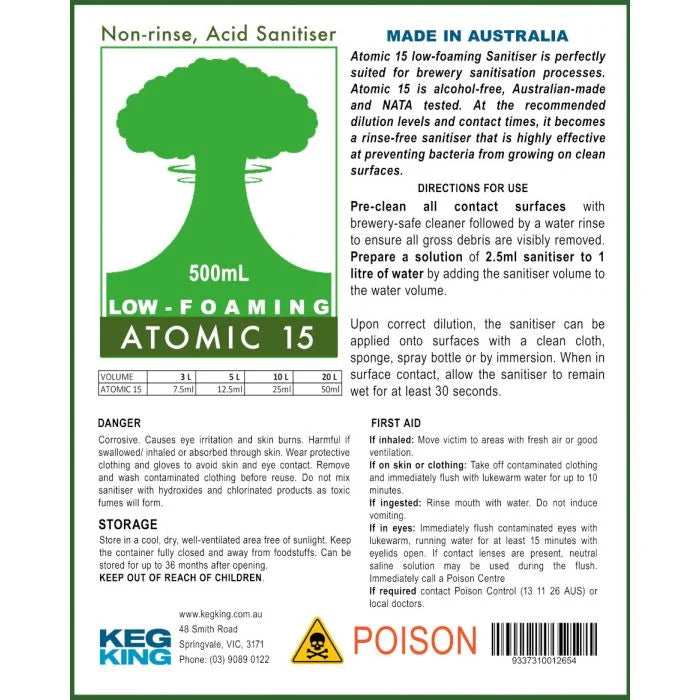 Atomic 15 Low Foaming Sanitiser 500ml - Tools