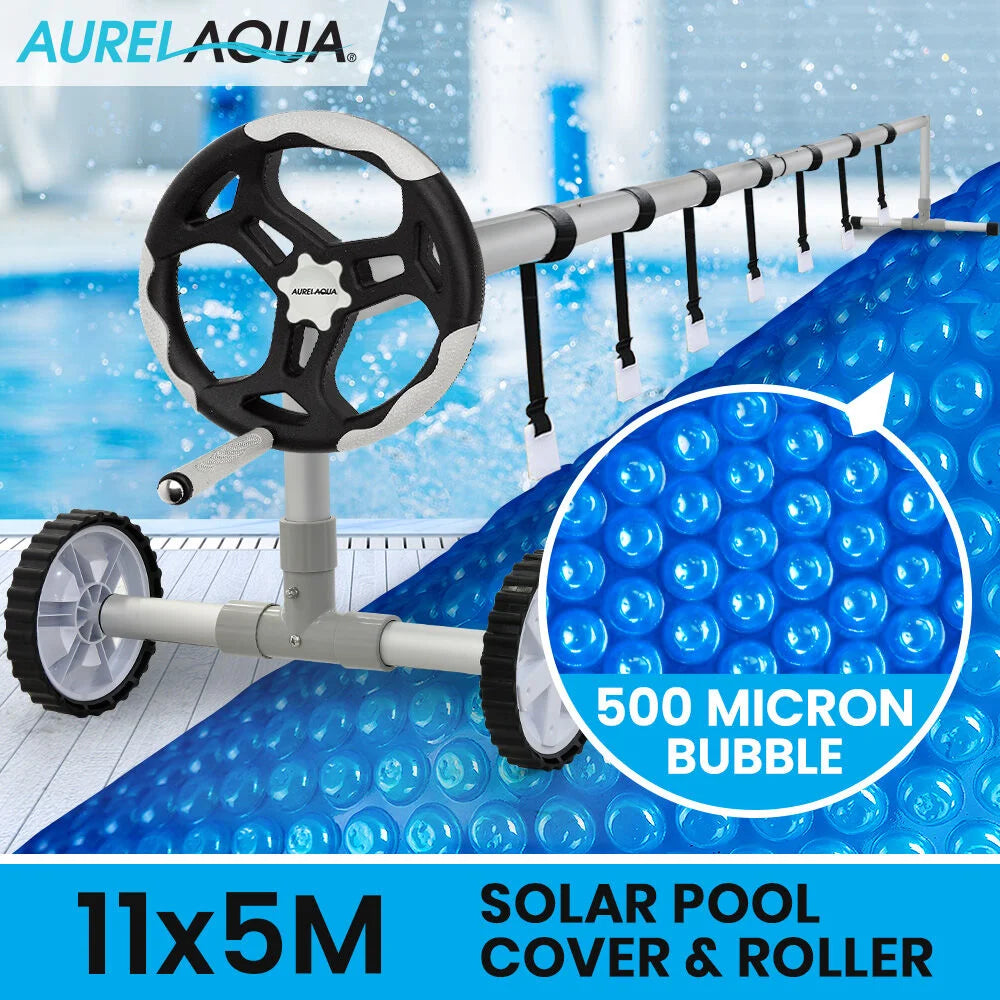 AURELAQUA Pool Cover Roller and 11x5m Solar Blanket 500