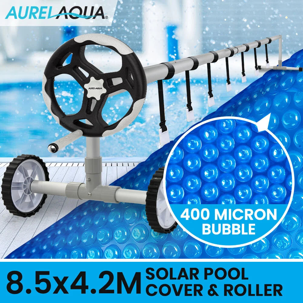AURELAQUA Pool Cover Roller and 8.5x4.2m Solar Blanket 400