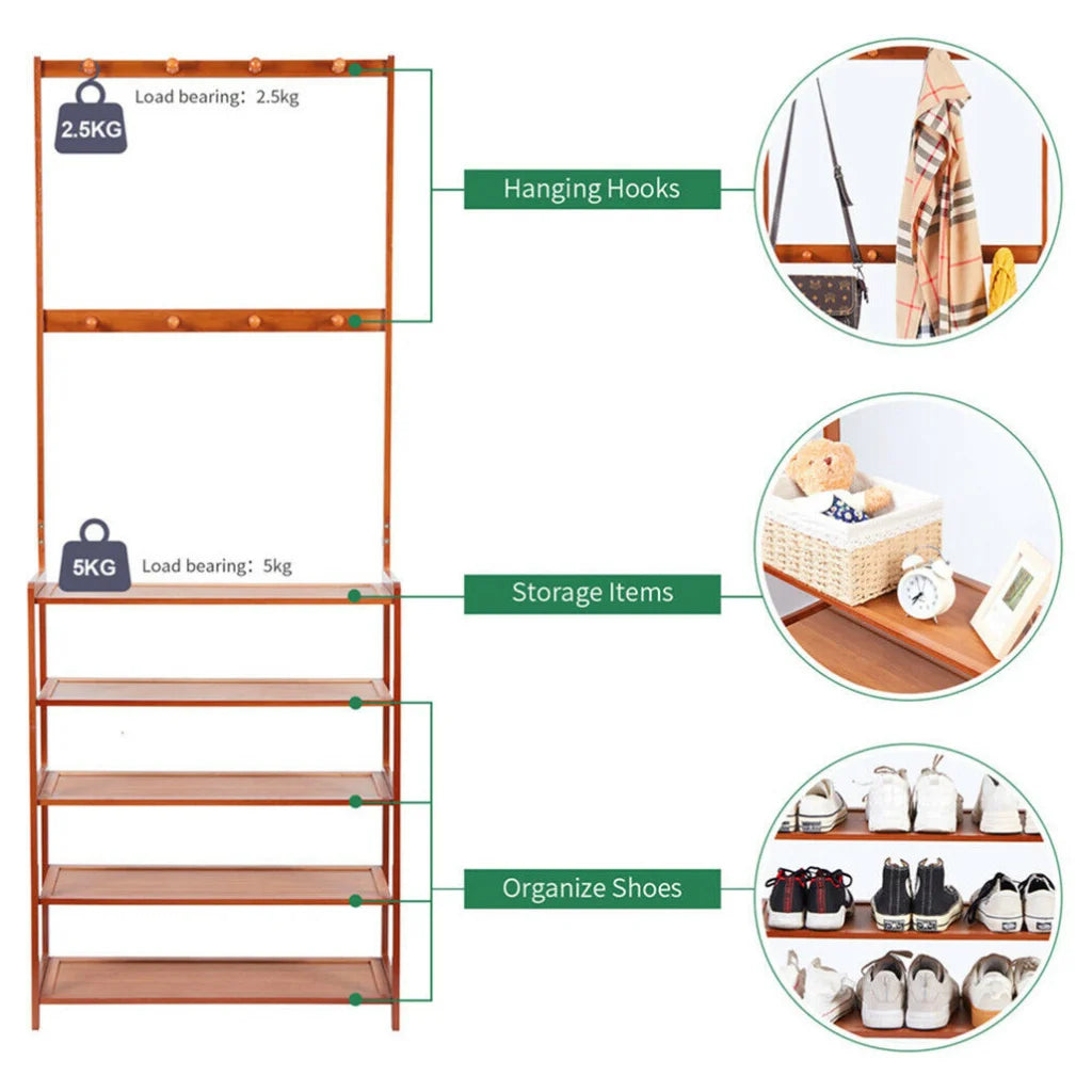 Bamboo 5-Tier Hat Coat Shoe Rack Entryway Bench Hanger