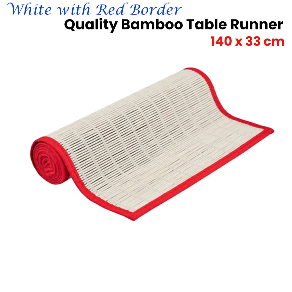 Bamboo Table Runner White with Red Border 140x33cm - Home &