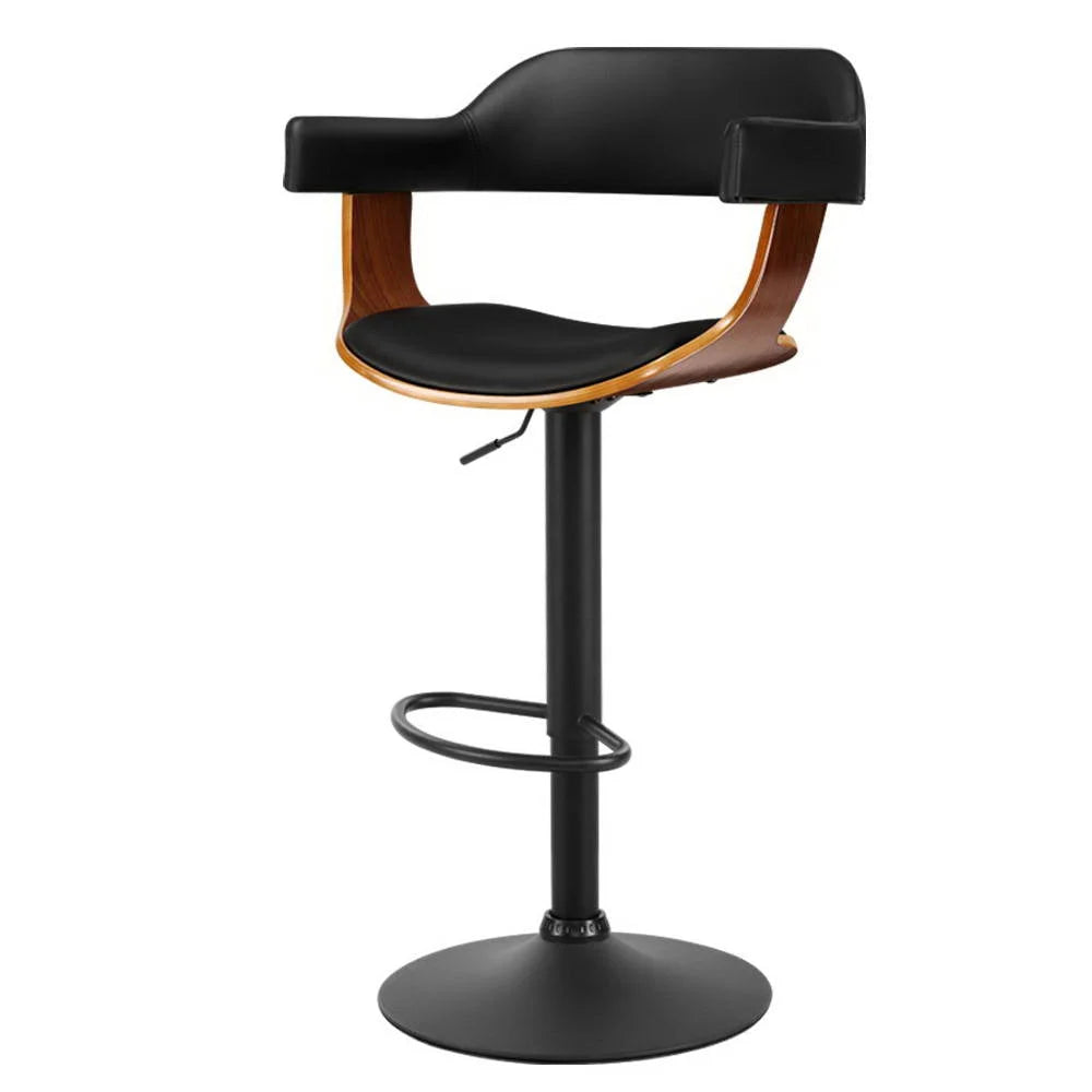 Bar Stool Curved Gas Lift PU Leather - Black and Wood - Bar