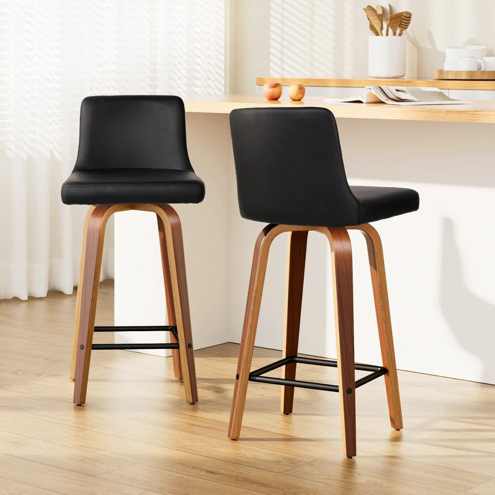 Bar Stool Set of 2 Wooden PU Leather - Black and Brown Wood