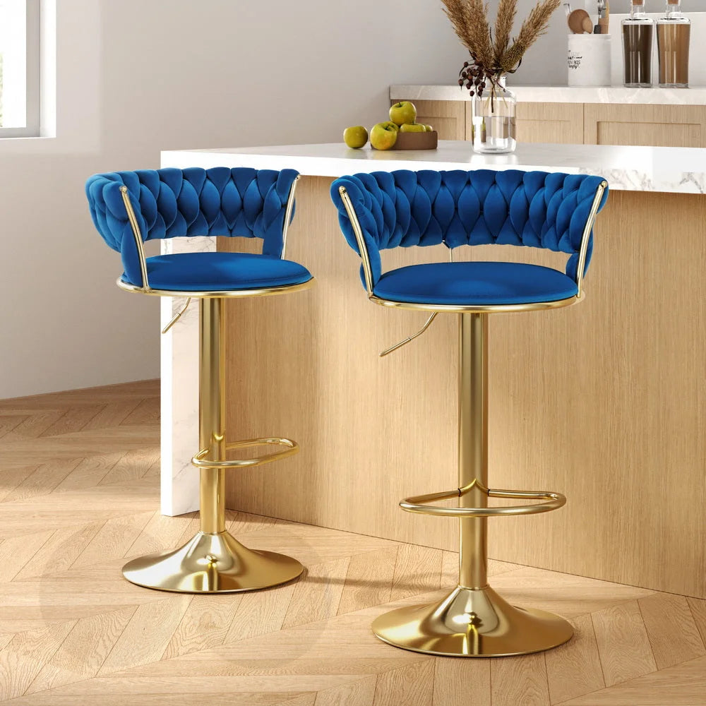 Bar Stools 2X Gas Lift Velvet Woven Backrest - Navy