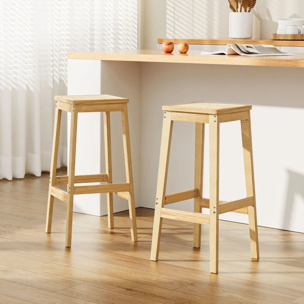Bar Stools 2X Rubber Wood Counter Chairs with Rattan Seat