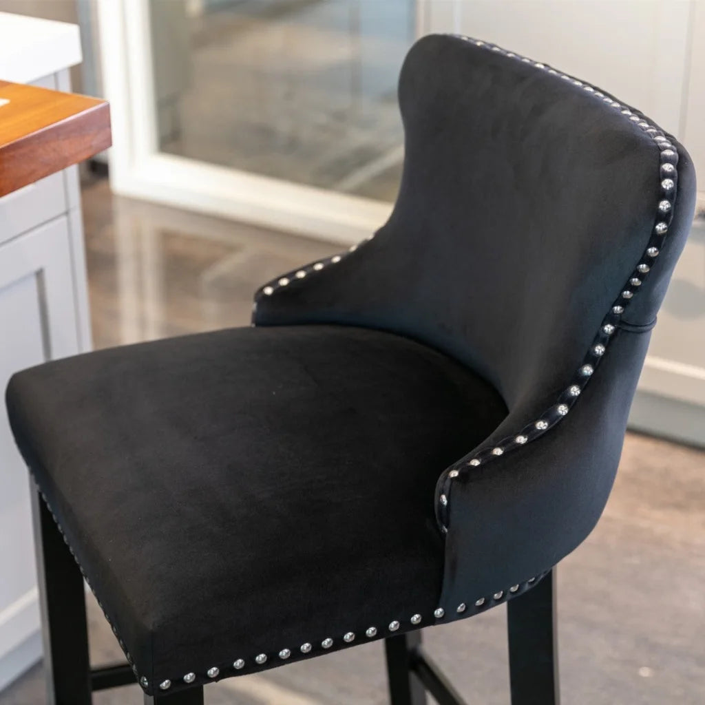 Bar Stools 4x Velvet Upholstered Button Tufted Wood Legs