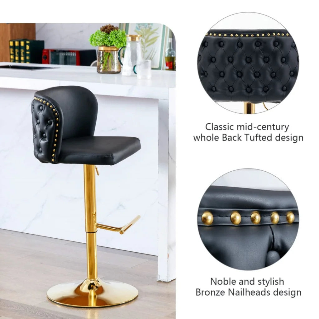 Bar Stools Set of 2 Faux Leather Golden Base Swivel - Black