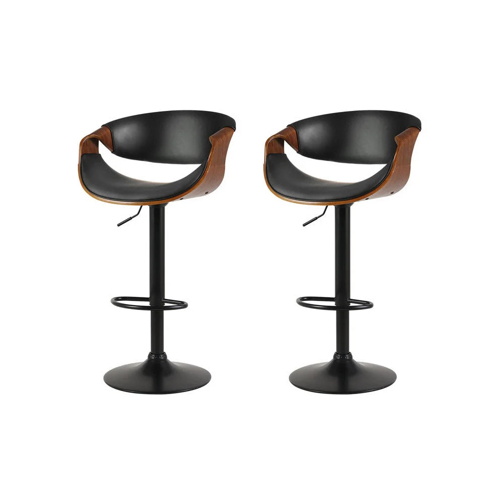 Bar Stools Set of 2 Gas Lift Leather with Armrest