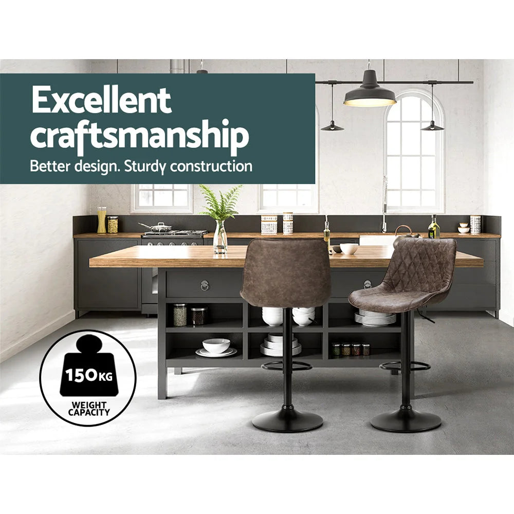 Bar Stools Set of 2 Gas Lift Vintage Leather - Brown