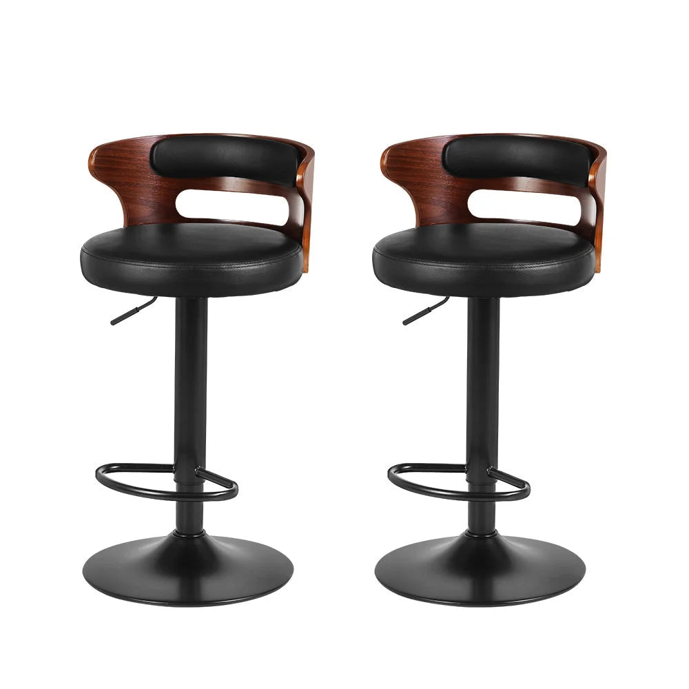 Bar Stools Set of 2 Kitchen Wooden Gas Lift Leather Metal