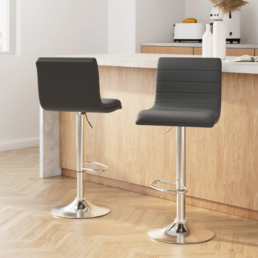Bar Stools Set of 2 PU Leather Lined Pattern Grey