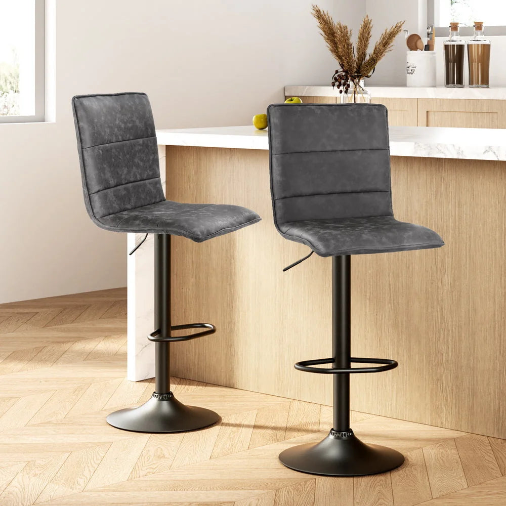 Bar Stools Set of 2 PU Leather Smooth Line Style - Grey
