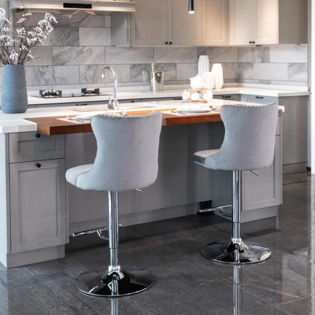 Bar Stools Set of 2 Velvet Stud Adjustable Swivel
