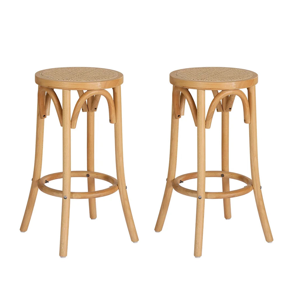 Bar Stools Set of 2 with Rattan Seat and Wooden Frame