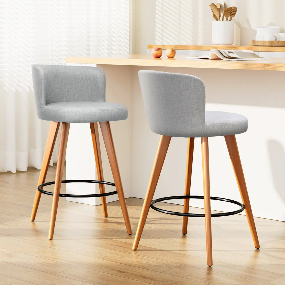 Bar Stools Set of 2 Wooden Fabric Circular Footrest - Light