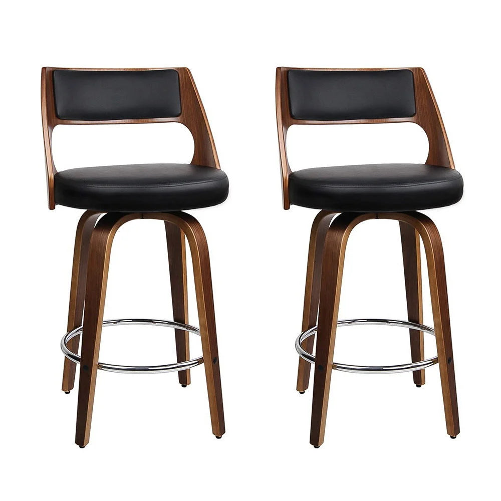 Bar Stools Set of 2 Wooden PU Leather - Black and Wood