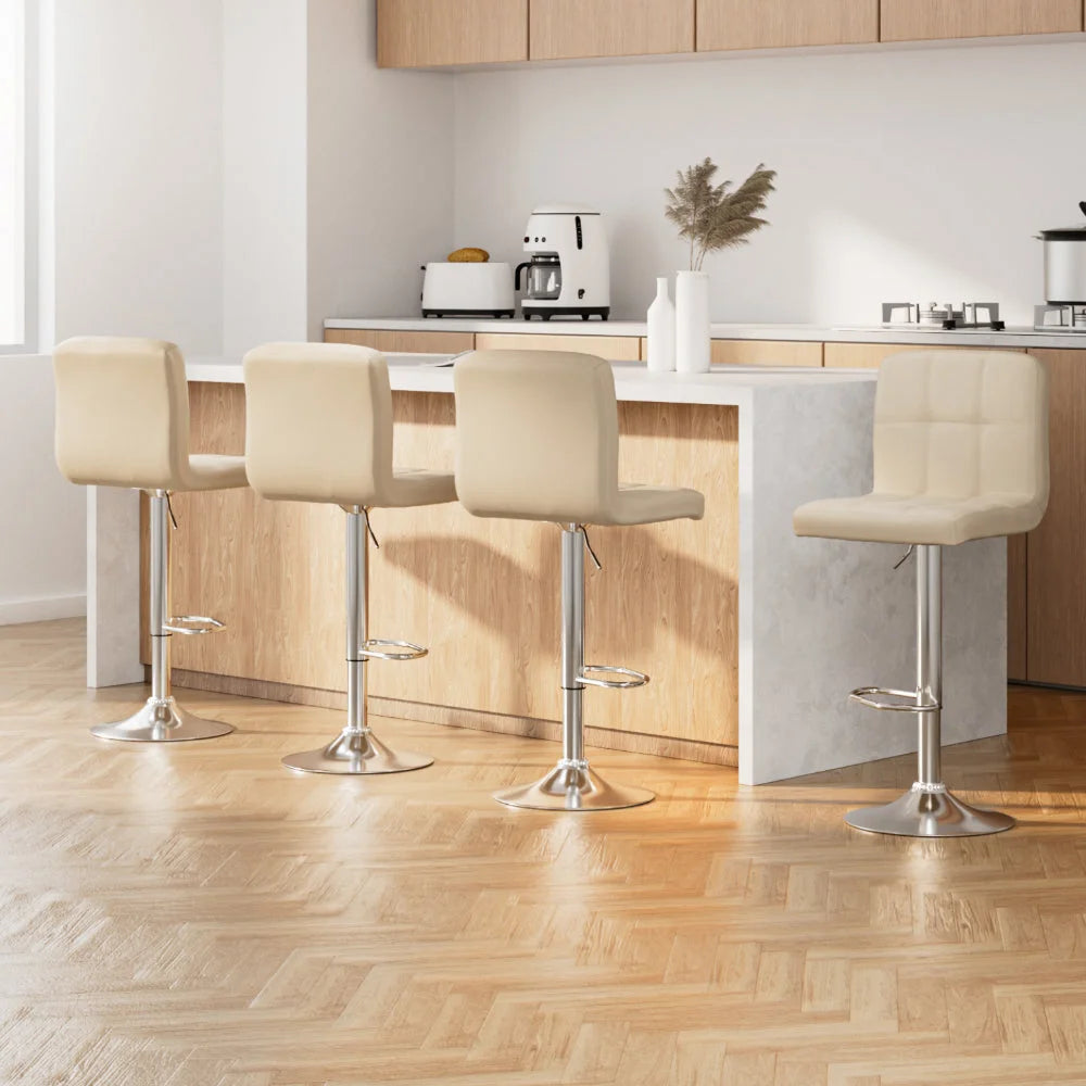 Bar Stools Set of 4 PU Leather Gas Lift - Beige - Bar