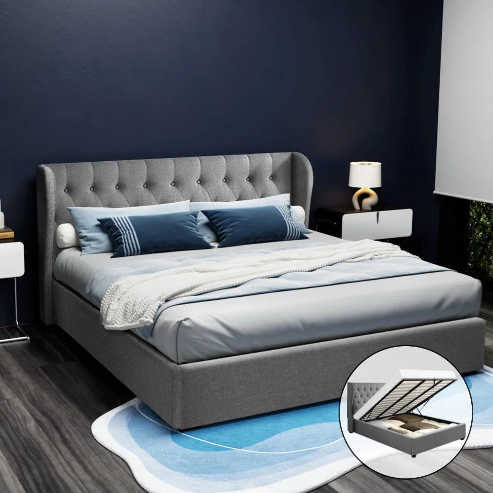 King mattress Bed Frame Fabric Gas Lift Storage