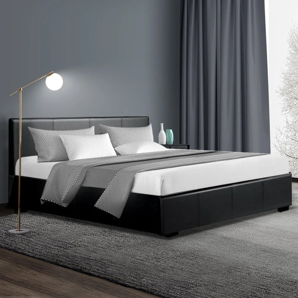 Bed Frame Queen PU Leather Black - Bedroom