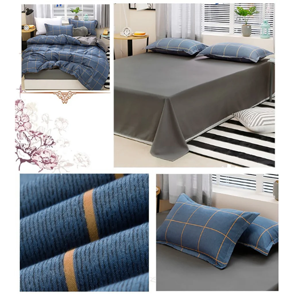 Bedding Set Blue Plaid Pattern Aloe Cotton Flat Sheet Quilt