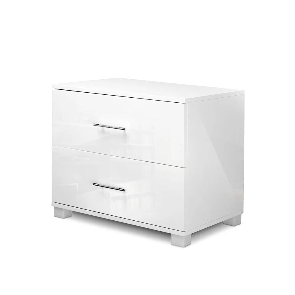 Bedside Table High Gloss Two Drawers - White - Bedroom