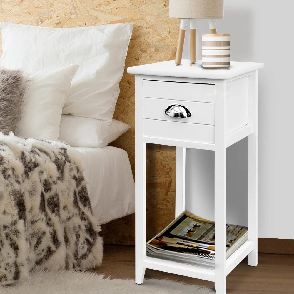 White drawer cabinet with multiple compartments and lock mechanism