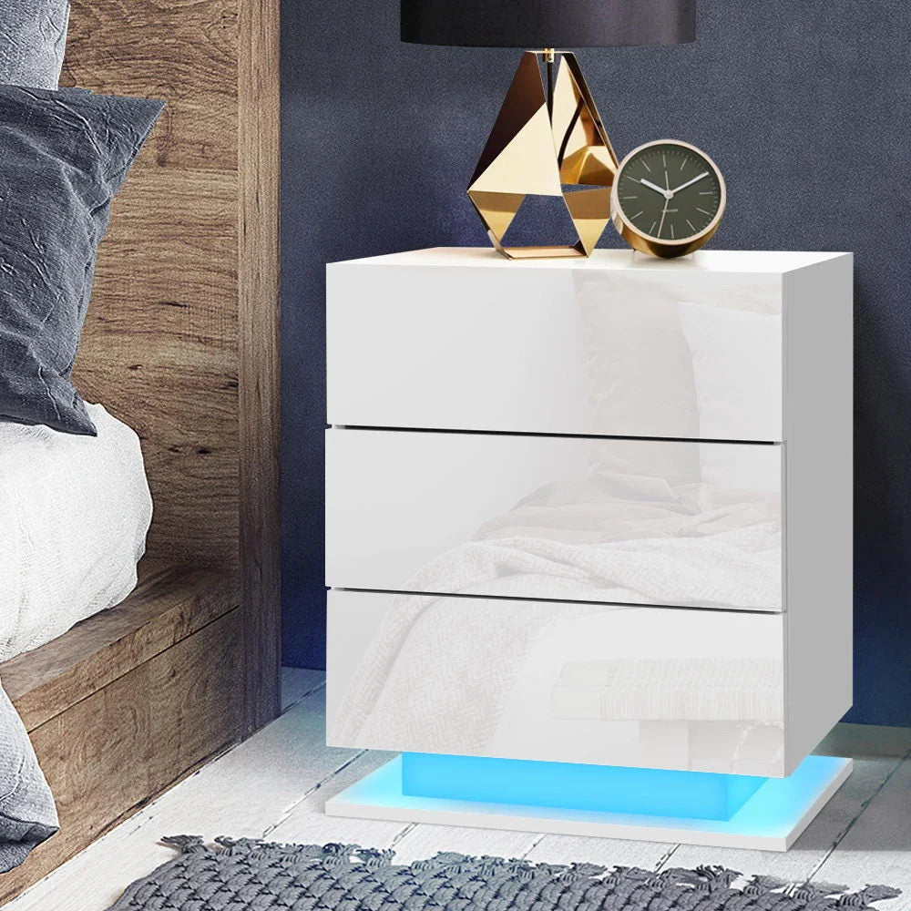 White bedside table unit with useful parts and product scale