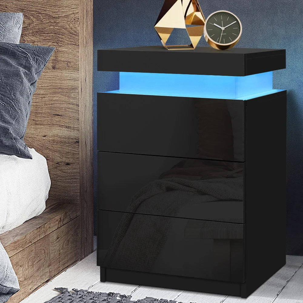 Bedside Tables Side Table 3 Drawers RGB LED High Gloss