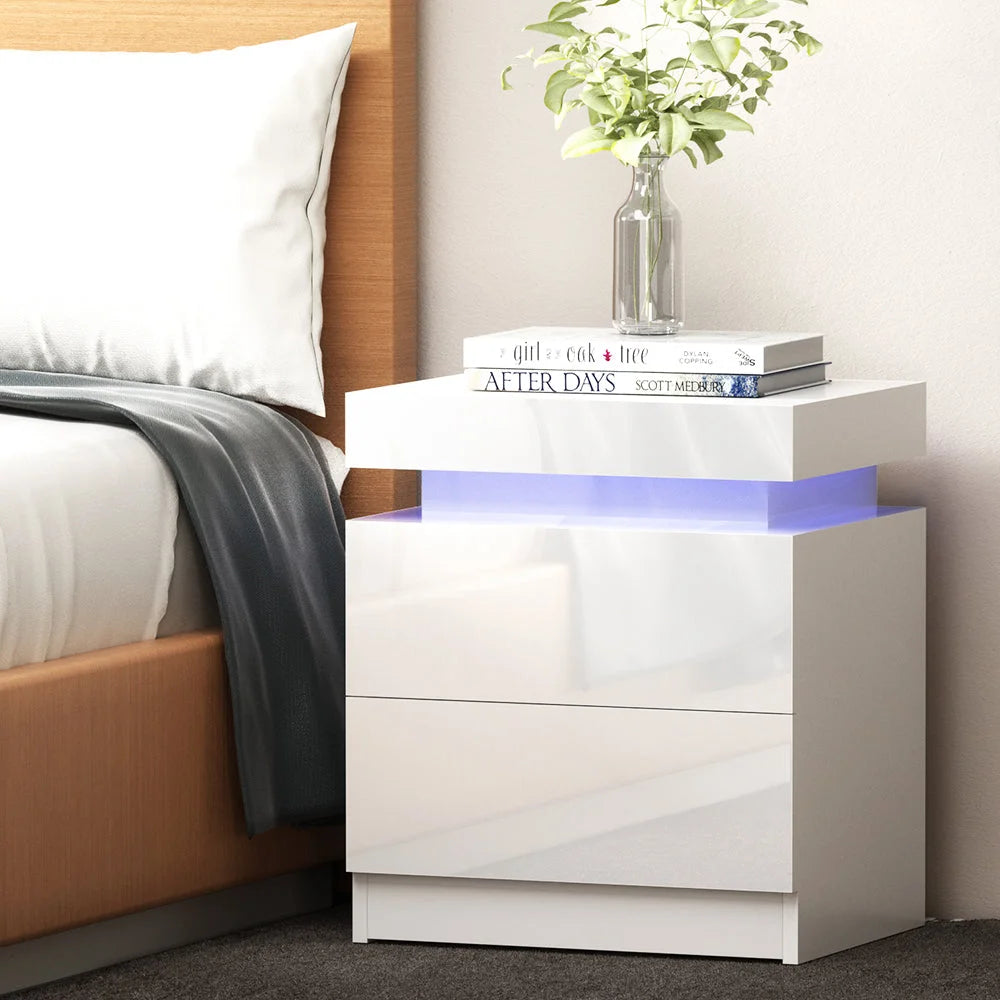 Bedside Tables Side Table Drawers RGB LED High Gloss