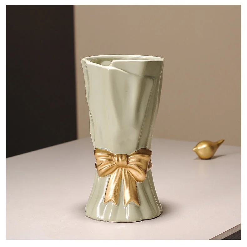 Beige Elegant Ceramic Vase with Golden Bow Accent
