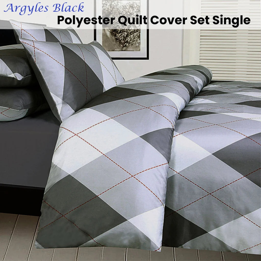 Big Sleep Argyles Black Quilt Cover Set - Single - Home &