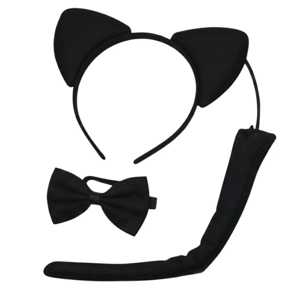 BLACK CAT EARS HEADBAND w Bow Tail Animal Costume Halloween