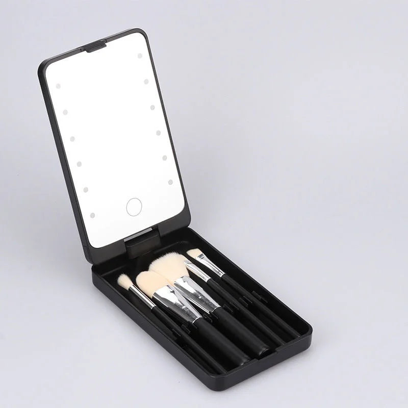 Black LED Lighted Makeup Mirror with 5-Piece Cosmetic Brush