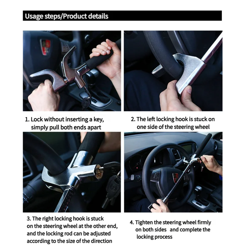 Black Multifunctional Car Steering Wheel Lock - Adjustable