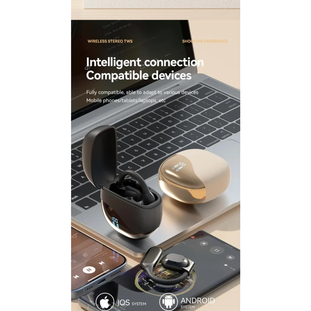 Black Open Ear Bluetooth 5.3 Headphones - Non-In-Ear Ear