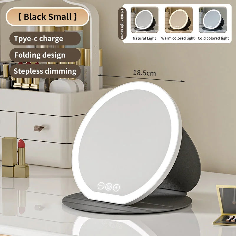 Black Small Round Foldable LED Makeup Mirror - 18.5cm
