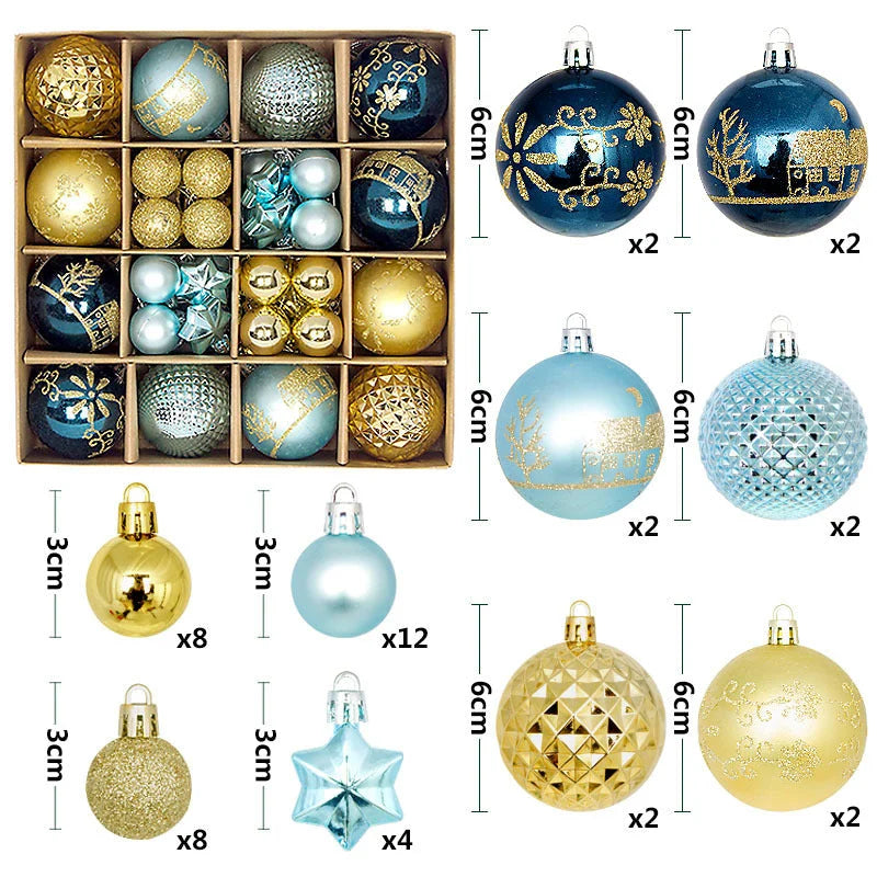 Blue and gold 44-Piece Assorted Christmas Baubles Set
