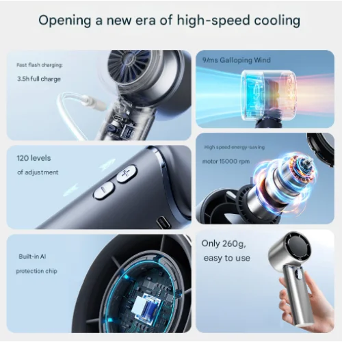 Blue Mini Bladeless Handheld Fan - USB Rechargeable Quiet
