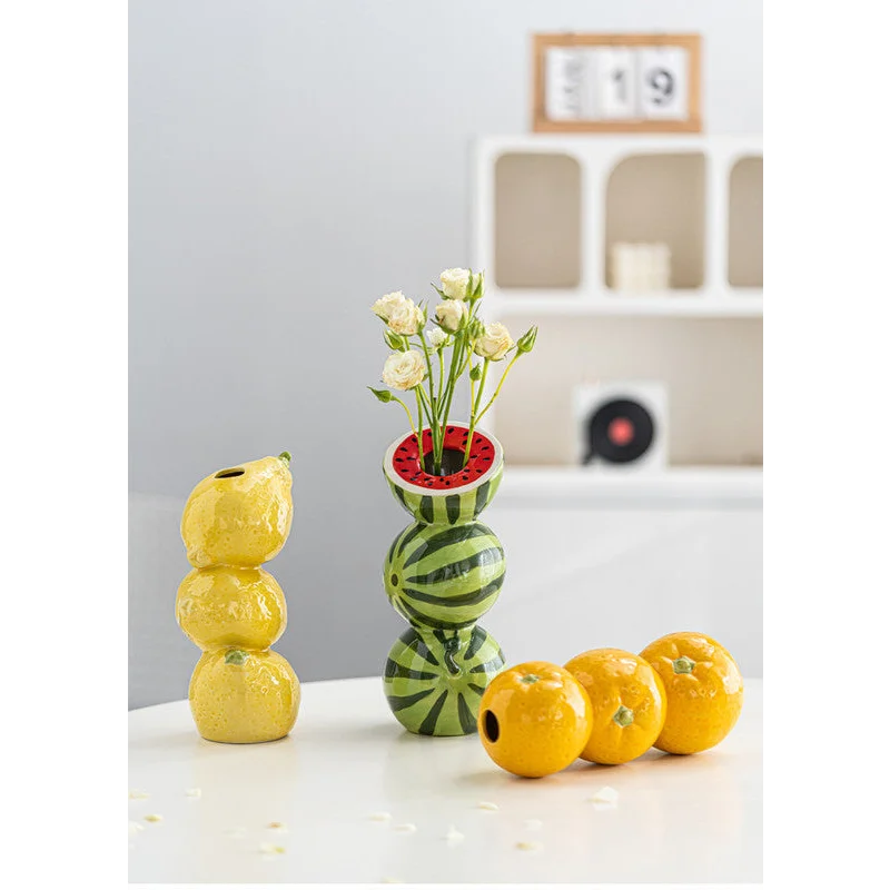 Bright Yellow Whimsical Stacked Orange Ceramic Vase